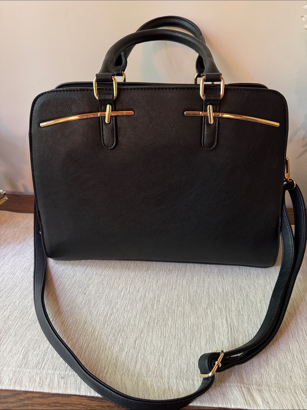 Black Shoulder Satchel with Gold Trim